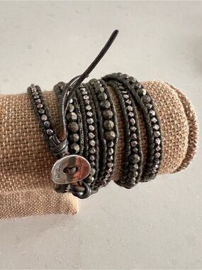 CHAN LUU Faceted Hematite Tone Multi-Wrap Bracelet